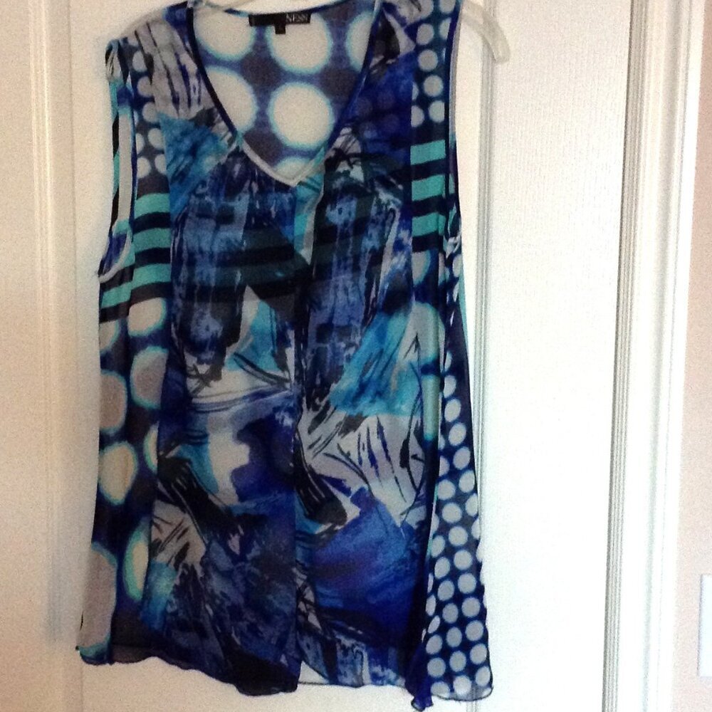 Ness Women's Blue Sheer Sleeveless Top Blouse Tunic Flowy Romantic Size  L Beach